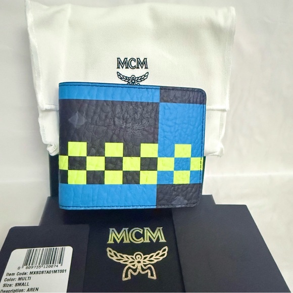 NWT MCM Aren Checkered Blue and Black Leather Bifold Wallet
